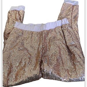 Rose gold, micro sequin, joggers, contrasting cuff, size small. Side pockets